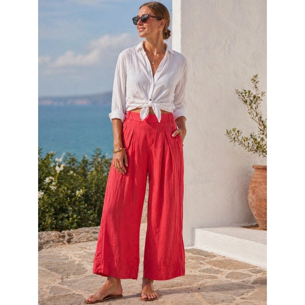 Athleta Linen Pants Sz 0 XS Playa 100% Linen Wide Crop Passionfruit Coral Resort